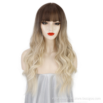 Vigorous Natural Cosplay Synthetic Non Lace Front 24 Inch Long Wavy Ombre Wig Synthetic Hair Wigs With Bangs For Black Women